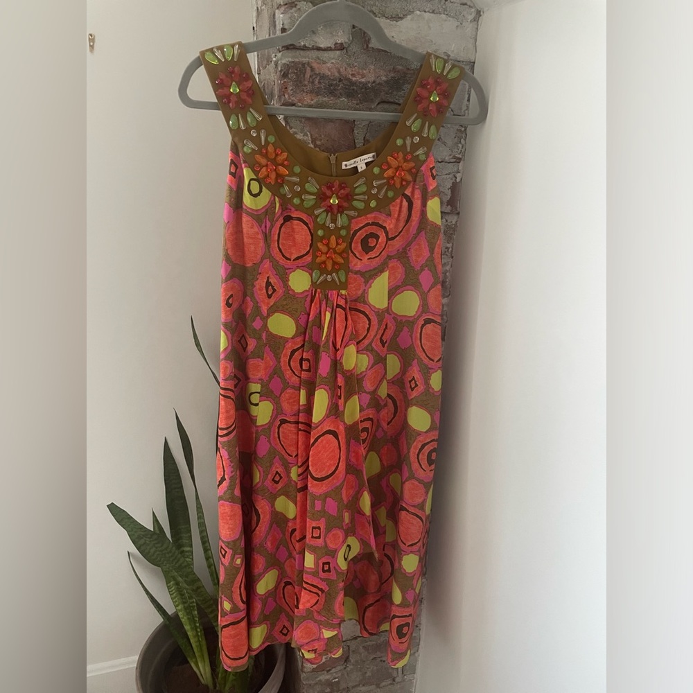 Nanette Lepore Womens Silk Beaded Neckline Shift Dress Orange Brown Pink Size 6